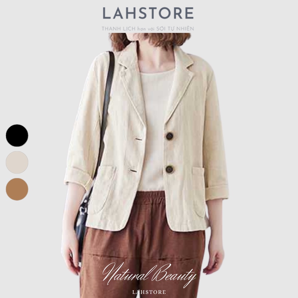 Áo blazer linen nữ 1 lớp LAHSTORE, Áo khoác vest nữ dáng suông phong cách công sở thiết kế 2 túi 2 cúc ABNUL01 (Be)