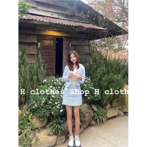 Set dạ tweed  gồm áo khoác dạ viền chân váy