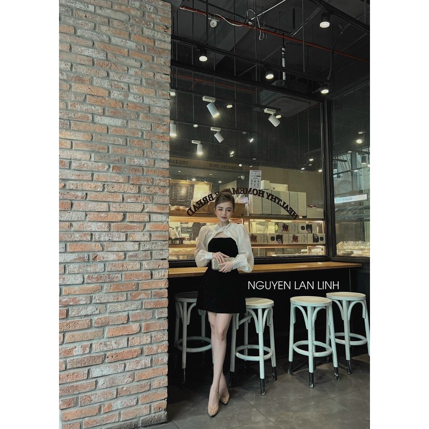 Đầm đen nhung chữ A phối tay voan dài hở ngực, đầm đen midi đơn giản chất nhung xinh đẹp