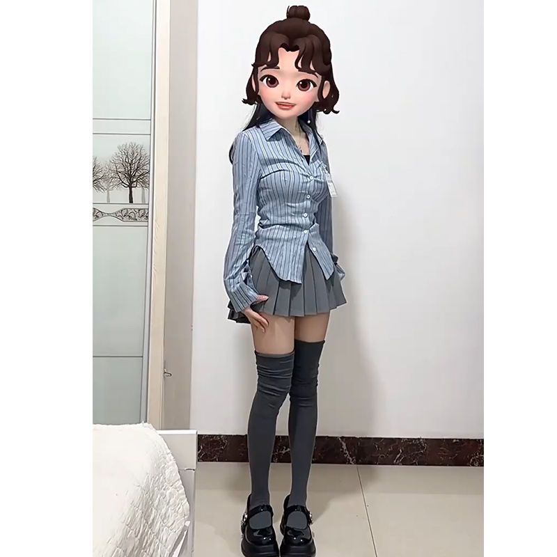Set Áo Sơ Mi Kẻ Sọc + Chân Váy Xếp Ly Lưng Cao Màu Xám Thời Trang Cho Nữ