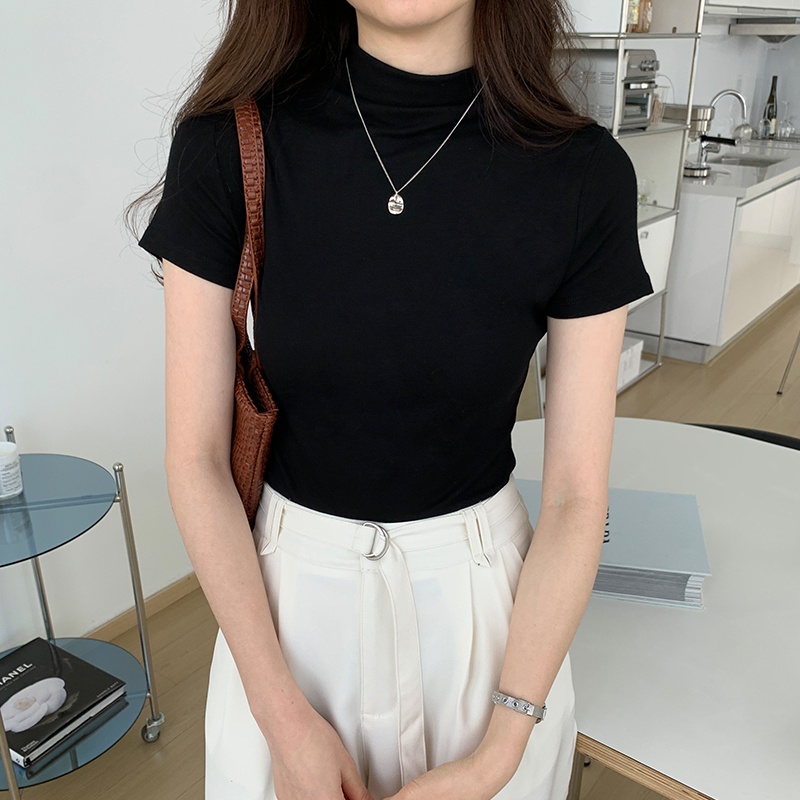 Áo thun SUXI tay ngắn cổ đứng dáng ôm màu trơn thời trang mùa hè cho nữ