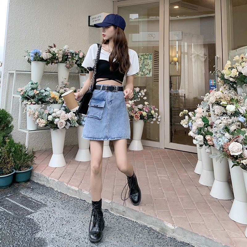 Chân váy jean Chữ A Lưng Cao Có Túi Thiết Kế Mới Thời Trang Mùa Hè Dành Cho Nữ