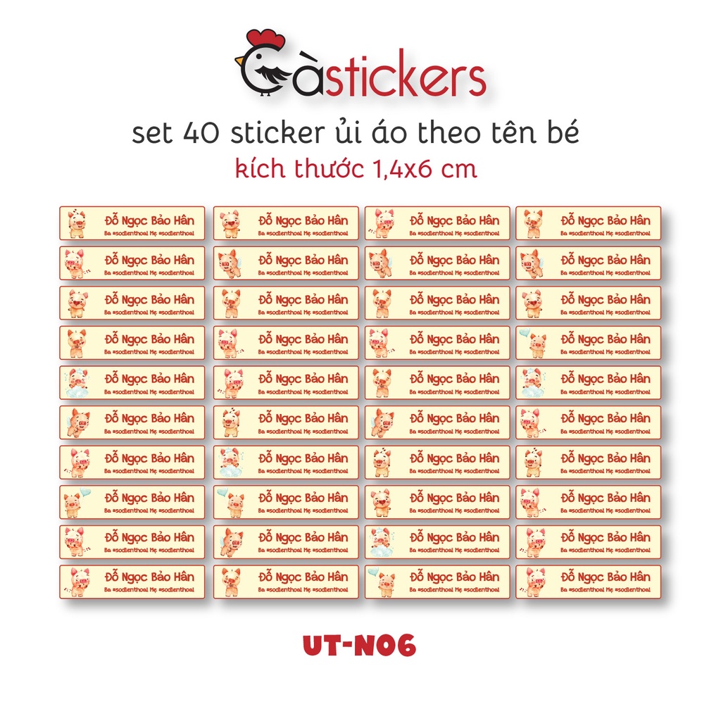 Sticker ủi áo in tên trẻ em GaStickers UT-N06- bộ 40 miếng kích thước 1,4 x 6 cm