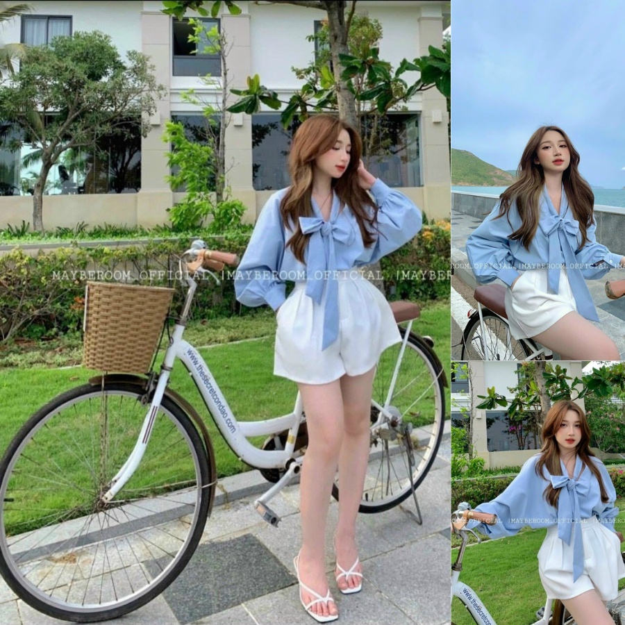 Set Đồ Bộ Nữ Áo from Rộng Kết Nơ Màu Xanh Dương Tiểu Thư Dạo Phố Đi Biển Điệu Đà Sang Chảnh Thời Trang MJP