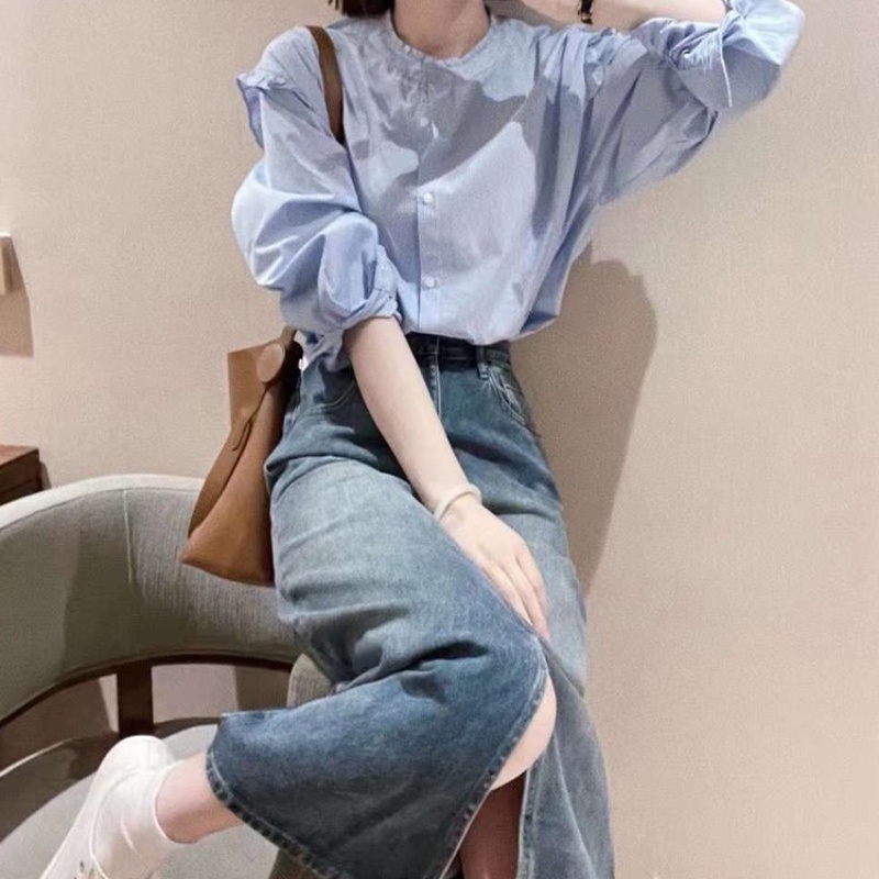 Set Áo Nhún Bèo Phối Chân Váy Denim Thời Trang Xuân Thu Xinh Xắn Cho Nữ