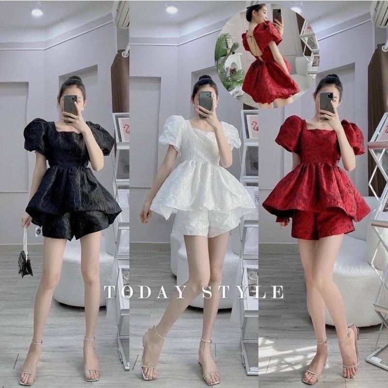Set áo phồng bí dáng babydoll cột dây lưng và quần đùi lưng thun vải xốp hoa nổi có 3 màu trắng- đen- đỏ
