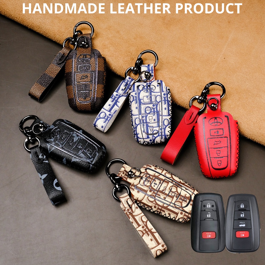 Bao da bọc chìa khóa smartkey ô tô Toyota Corolla Cross Camry Altis 2022 khâu tay kín nút bấm móc đen TCRV