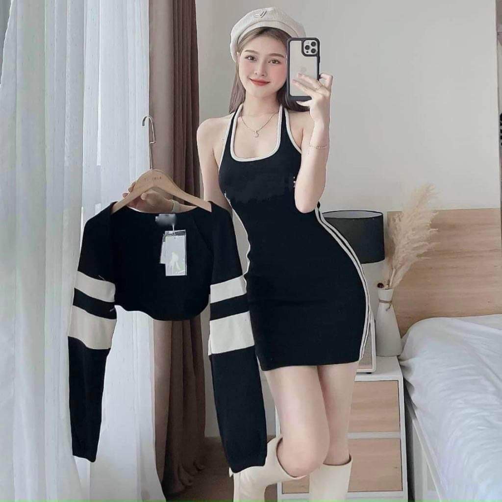 sét đầm thể thao phối viền đầm dây body kèm áo khaocs phối sọc dx5