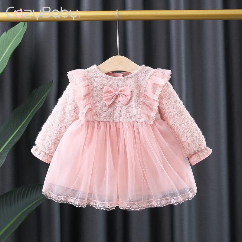 Đầm Công Chúa Tay Dài Phối Ren Lưới Thời Trang Xuân Thu Phong Cách Hàn Quốc Cho Bé Gái