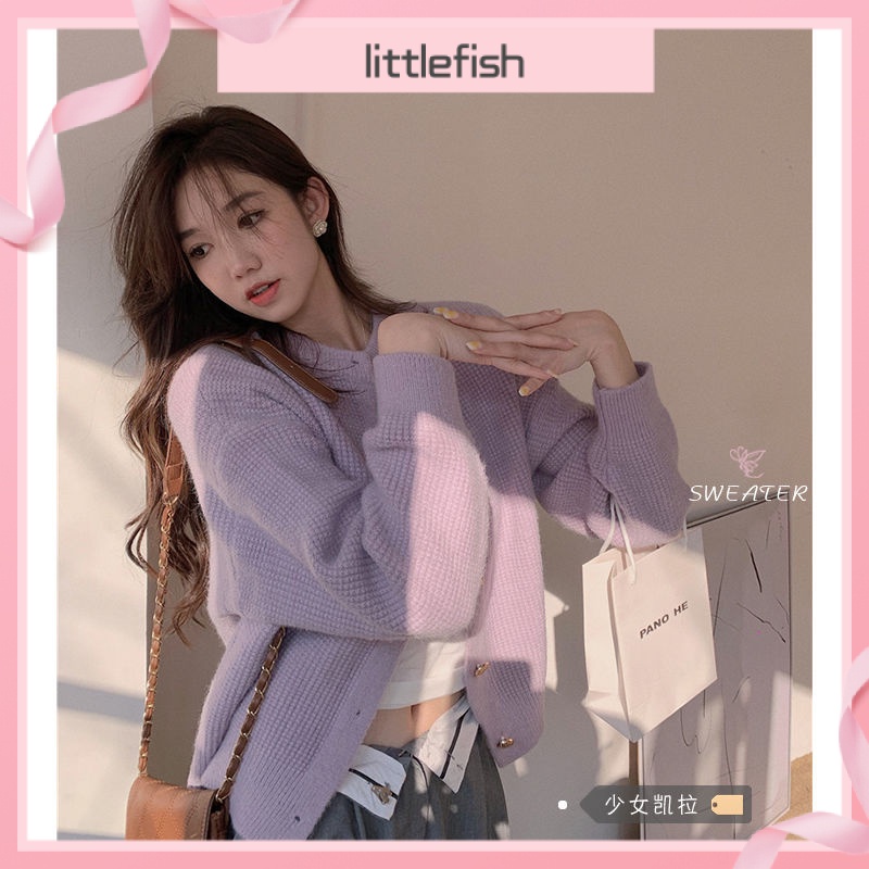 Áo Khoác Cardigan Dệt Kim Cao Cấp Dáng Ngắn Màu Bột Cánh Sen Xanh Dương Tím Kiểu Nhật Bản
