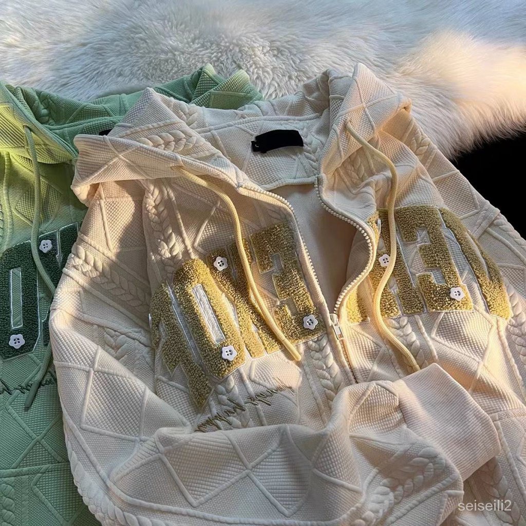 Áo Khoác Cardigan Có Mũ Dáng Rộng Thêu Chữ Phong Cách Retro Mỹ Cao Cấp Cho Nữ