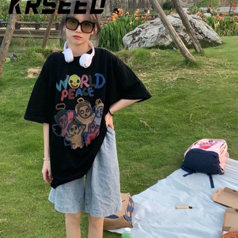 COZOK Áo Thun Tay Ngắn Dáng Rộng In Họa Tiết Graffiti Thời Trang