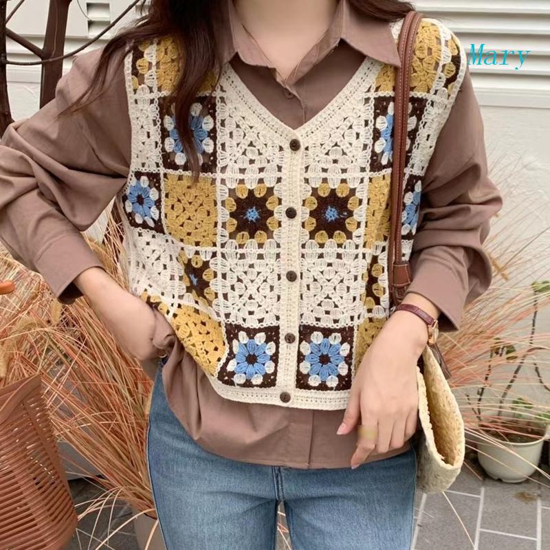 Áo Vest Len Móc Cài Nút Khoét Rỗng Họa Tiết Hoa Phong Cách Boho Thời Trang Mùa Hè Cho Nữ