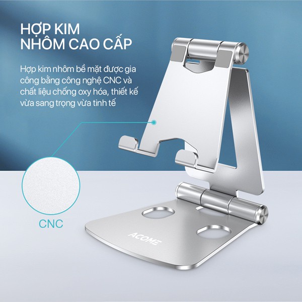 Giá Đỡ Điện Thoại Máy Tính Bảng Hợp Kim Nhôm ACOME AH01 Điều Chỉnh Linh Hoạt 270 Độ, Màu Xám Hàng Chính Hãng