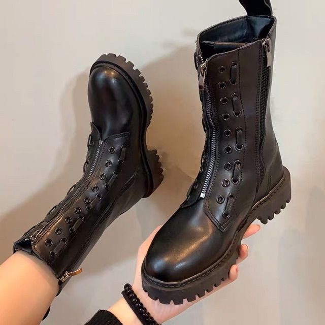 (Order) Boots Ulzzang cổ ngắn đan dây đế cao 4cm khoá sườn - Có ảnh thật