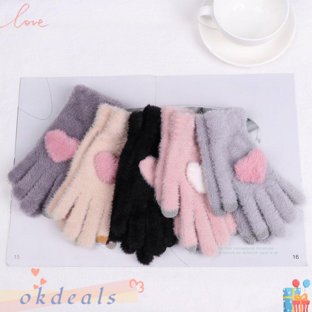 Găng Tay Dệt Kim Co Giãn Mềm Mại Giữ Ấm Ngón Tay Hình Trái Tim Thời Trang Cho Nữ