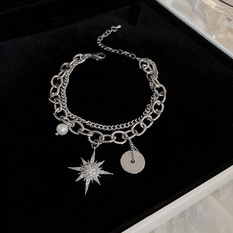 Vòng Tay Ngọc Trai Hai Lớp Bằng Kim Loại Màu Bạc Phong Cách hip hop Thời Trang Chất Lượng Cao Cho Nữ