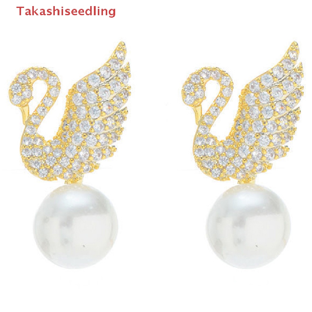 (Takashiseedling) Bông Tai Hình Thiên Nga Đính Đá Ngọc Trai Nhân Tạo Thời Trang Hàn Quốc Cho Nữ