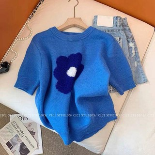 Retro Hoa Xanh Jacquard Tay Phồng Dệt Kim Tay Ngắn Mùa Xuân Phong Cách Mới Nhỏ Ngắn T Giảm Tuổi Tay Ngắn