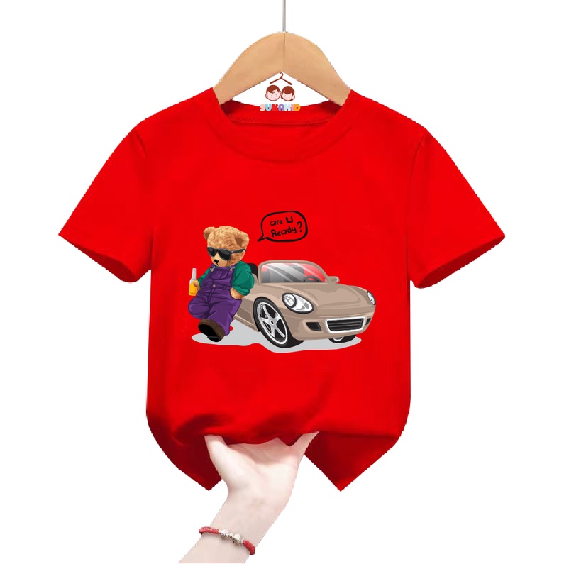 Áo thun trẻ em be trai bé gái hình gấu XE ORE READY ghita bé từ 6kg đen 30kg.G12.