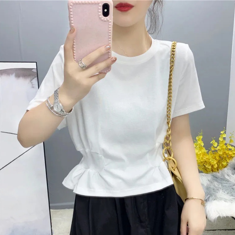 Áo Thun Nữ Ngắn Tay Cổ Tròn Màu Trơn Thời Trang Mùa Hè Mới