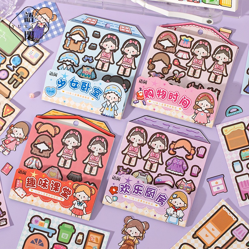 Bộ 12 Tờ 4 Loại Sticker Dán Trang Trí Lều Họa Tiết Hoạt Hình Dễ Thương
