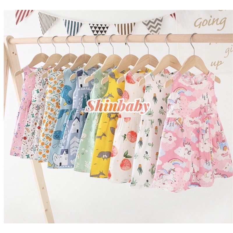 Váy đầm sát nách cotton xuất dư nhiều hoạ tiết đáng yêu cho bé gái