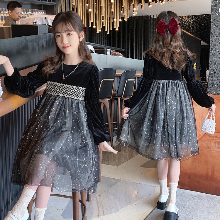 Đầm Nhung Đính Kim Sa Hình Ngôi Sao Phong Cách Phương Tây Cho Bé Gái