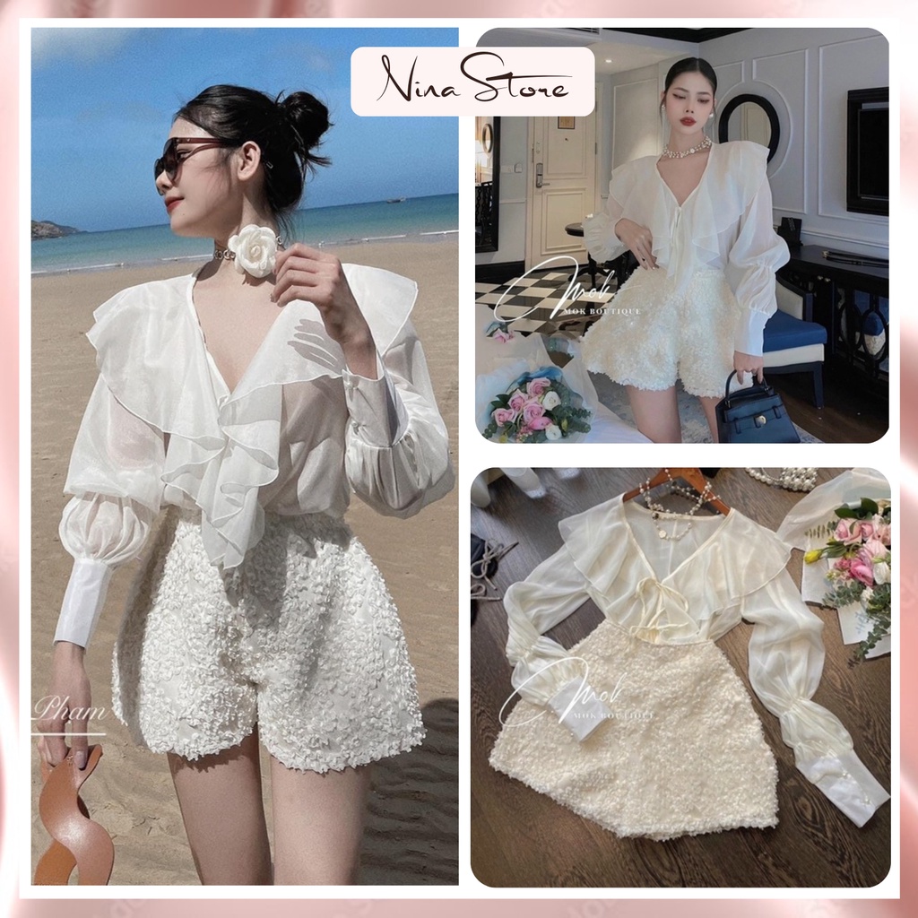 Set áo voan cổ V phối quần hoa nổi tôn dáng hàng đẹp Quảng Châu cao cấp NinaStore