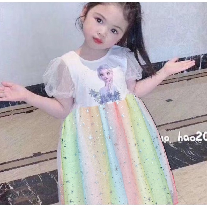 Đầm thun công chúa elsa chân váy bảy sắc cầu vồng cho bé gái từ 10-45kg