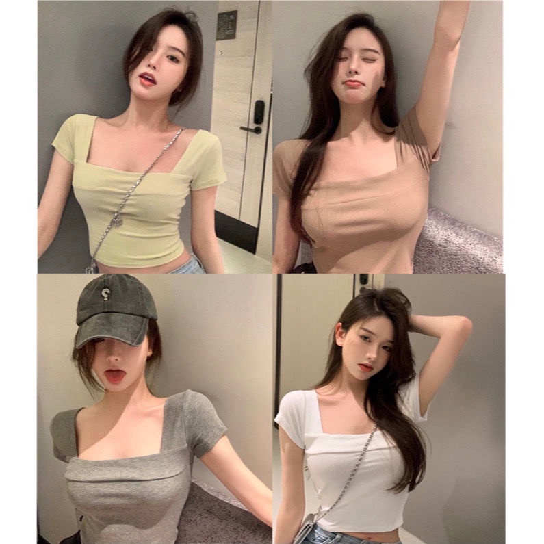Áo Croptop Cổ Vuông Thiết Kế Đơn Giản Thời Trang Mùa Hè Cho Nữ