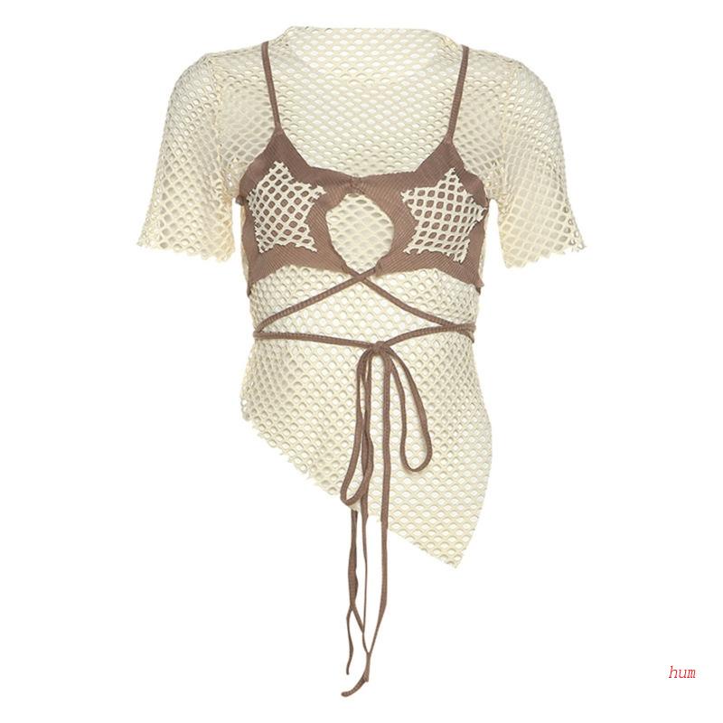 Áo Thun Lưới Croptop Tay Ngắn Dáng Ôm In Họa Tiết Ngôi Sao Thời Trang Mùa Hè Quyến Rũ Cho Nữ