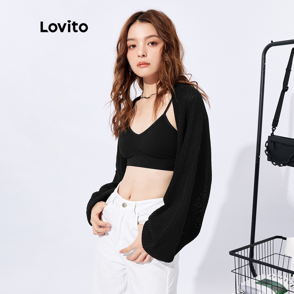 Áo cardigan Lovito tay dài mở phía trước màu trơn phong cách thường ngày Hàn Quốc L32FW062 (màu đen) | BigBuy360 - bigbuy360.vn