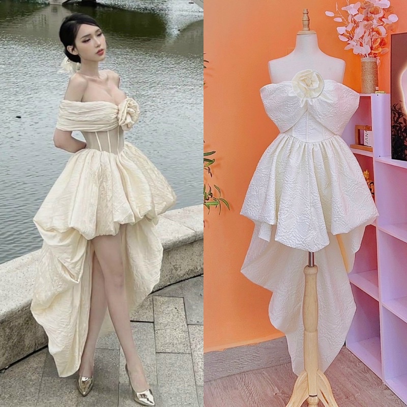 Đầm gấm xốp nổi kem cao cấp đuôi tôm dài hở bẹt trễ vai hoa đan dây lưng, váy thiết kế nữ dự tiệc chụp hình sang trọng