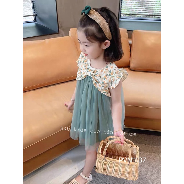 Váy cổ hoa phối voan lưới xanh bé gái