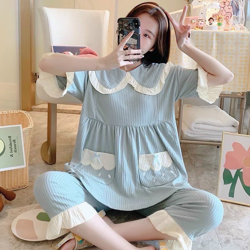 Bộ bầu tăm bèo siêu xinh✨hàng loại 1✨bộ bầu áo cộc ,quần lửng ☘️dáng rộng, sang chảnh điệu đà ☘️freesize 43-68kg