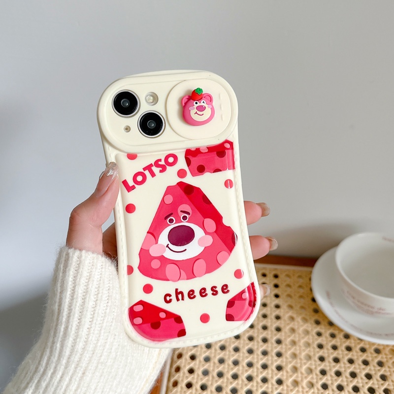 Ốp Điện Thoại Dày Chống Sốc Có Nắp Trượt Bảo Vệ Camera In Hình Gấu Dâu Tây Dễ Thương Cho iPhone 11 12 Pro Max X XS XR XSMAX