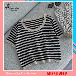 Áo phông nữ đẹp form lỡ ngắn tay cổ U giá rẻ LEN MONTOGHI KẺ NGANG mặc mùa hè Minxu Shop PG01