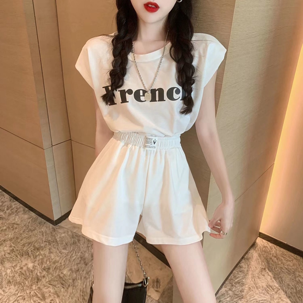 Set Đồ Thể Thao Áo Thun Tay Ngắn Hai Dây + Quần Short Ống Rộng Thời Trang Mùa Hè 2023 Cho Nữ
