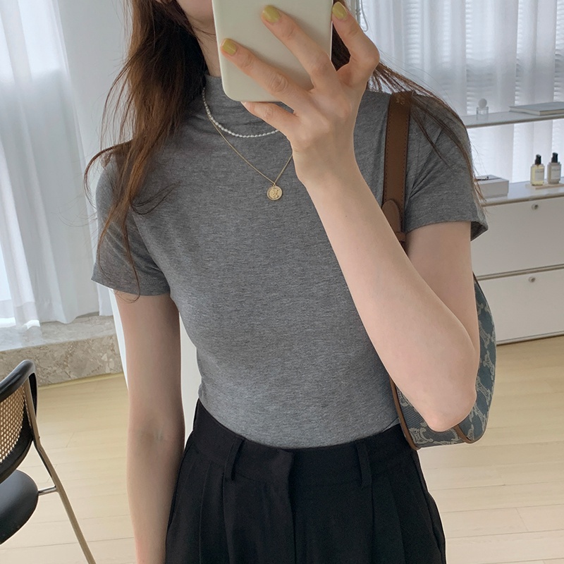 Áo thun SUXI tay ngắn cổ đứng dáng ôm màu trơn thời trang mùa hè cho nữ
