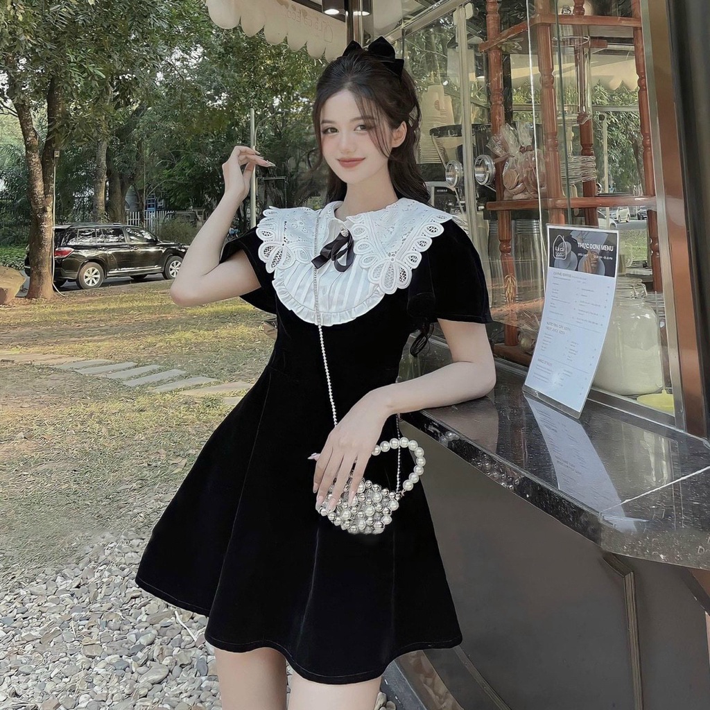 Váy thiết kế By Juvénile cổ tiểu thư phối ren kèm nơ tay ngắn thanh lịch, chất tafta cao cấp V01