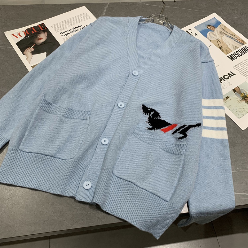 Thom Browne Spring New Age-reducing college style four-bar striped puppy Jacquard knitted cardigan women's casual loose sweater coat