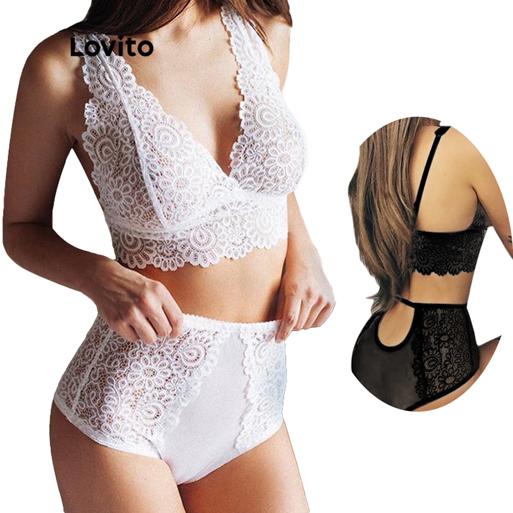 Lovito Sexy Ren và Lưới Tương phản Đồ lót cổ V sâu L004016 (Trắng) | BigBuy360 - bigbuy360.vn