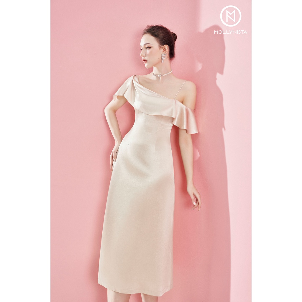MOLLYNISTA - Đầm lụa satin cao cấp lệch vai quyến rũ nữ tính thiết kế cao cấp đi chơi đi tiệc gợi cảm