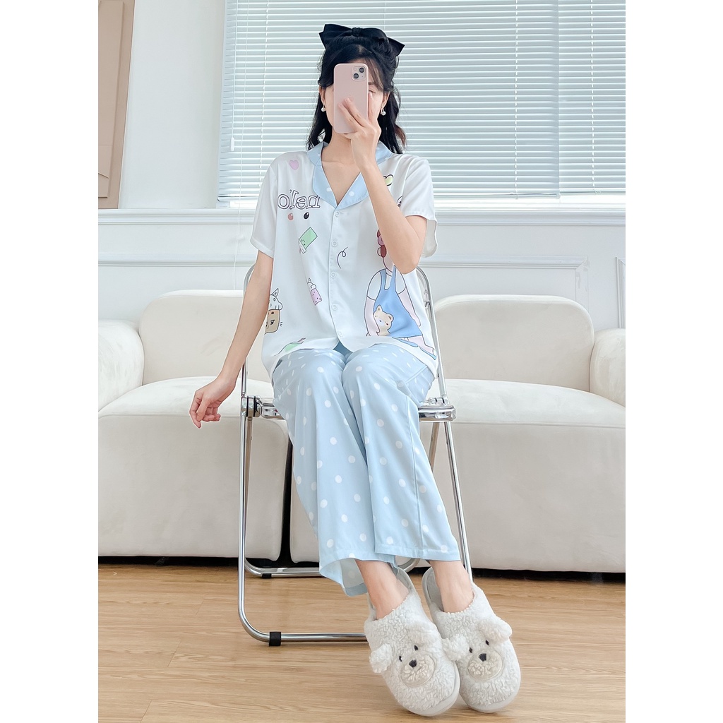 Set đồ bộ ngủ lụa latin tay ngắn quần dài, trong BST Đồ bộ nữ mặc nhà pijama in hình kute cao cấp