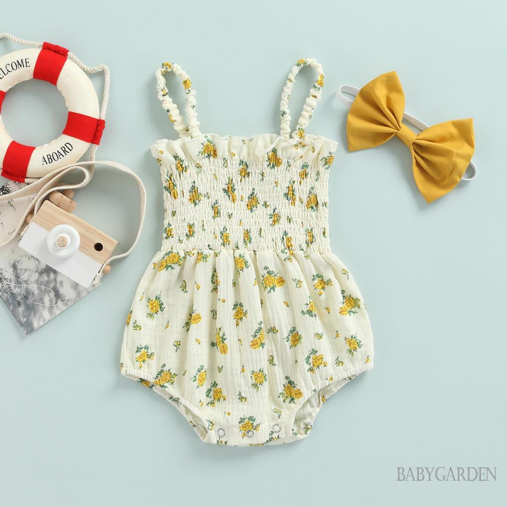 Bộ Áo Liền Quần Hai Dây Cổ Thuyền In Họa Tiết Hoa + Băng Đô Cài Tóc Xinh Xắn Cho Bé Gái 0-24 Tháng Tuổi