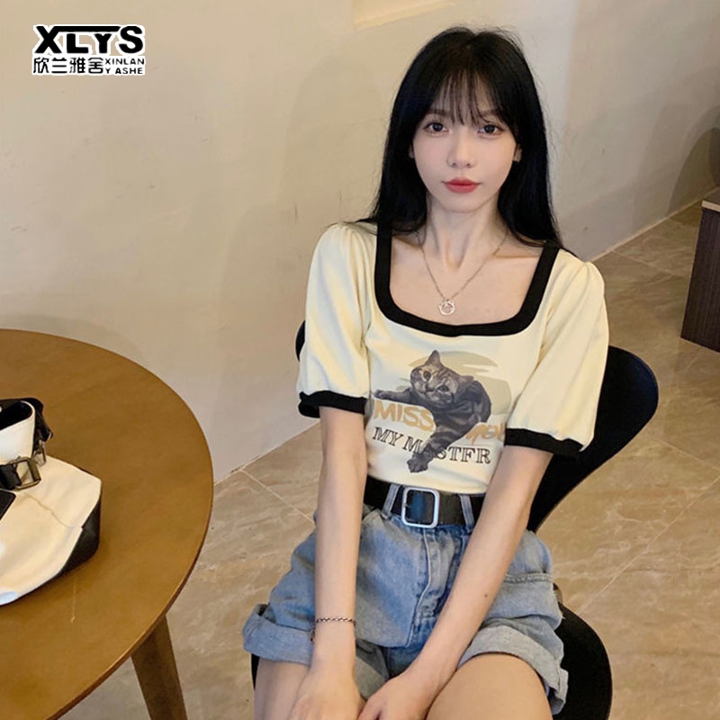 Áo thun croptop XINLANYASHE in họa tiết kiểu cổ điển thời trang mùa hè 2023 dành cho nữ