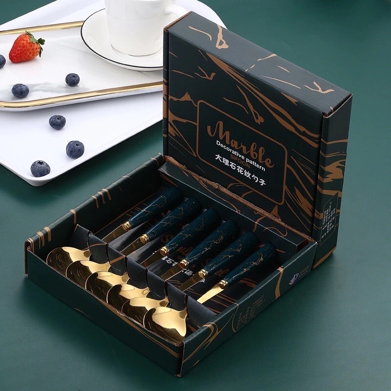 Hộp set 6 muỗng inox mạ vàng cán vân đá cẩm