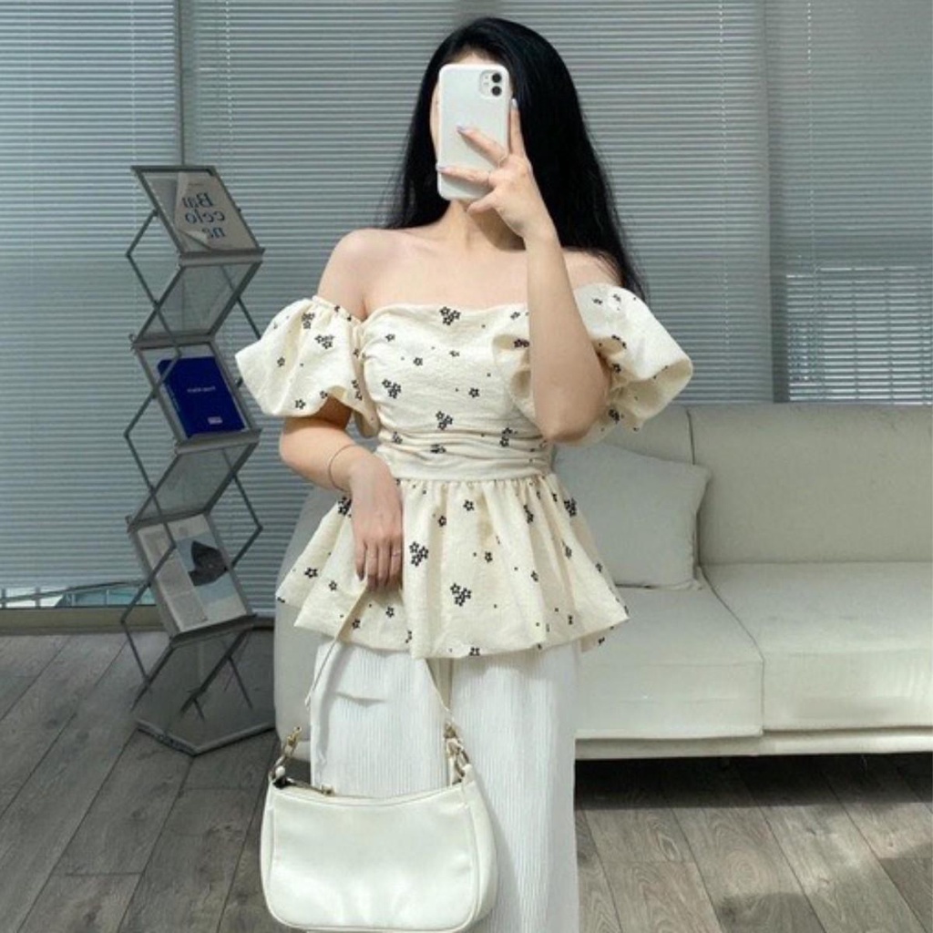 Áo peplum tay phồng PINKSTORE29 kiểu lưng chun, in hoa nhí dễ thương, xinh xắn A5609 | BigBuy360 - bigbuy360.vn