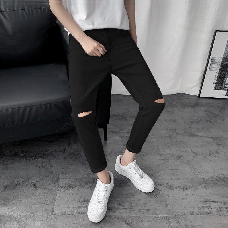 (Xưởng chuyên sỉ) Quần jean ống đứng quần boy phố nam quần rách gối nam thời trang